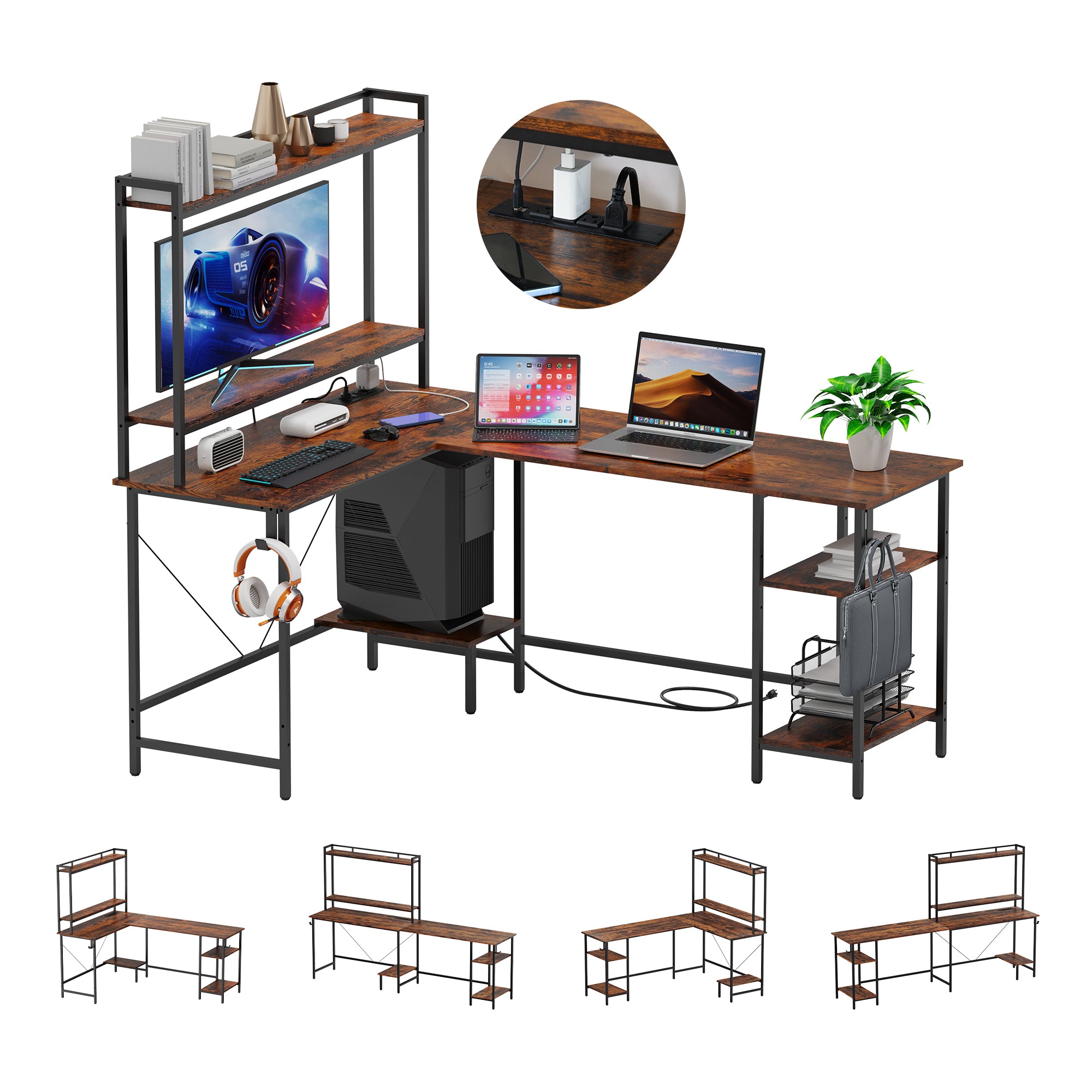 94.5 Home Office Desks, Computer Gaming Desk with Storage, LED Lights,  Power Strip with USB, Keyboard Tray & Monitor Stand, Extra Long Double Desk  for 2 Person, Rustic Brown 