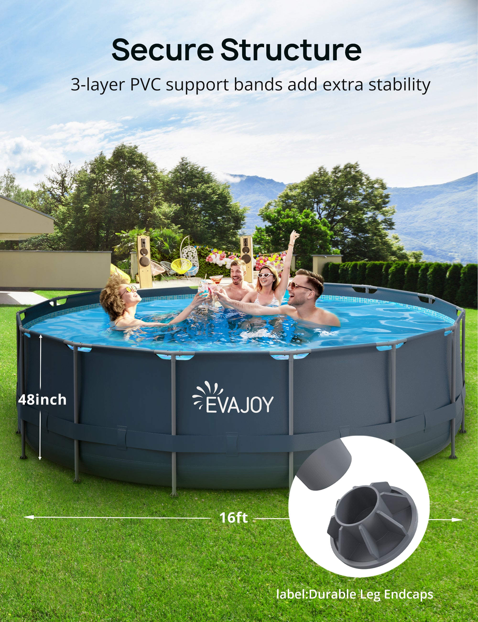 EVAJOY 16ft x 48in Metal Frame Swimming Pool Set, Round Above Ground Pool Set with 2000 GPH Sand Filter Pump, Pool Ladder, Ground Cloth, Pool Cover for Backyard, Garden
