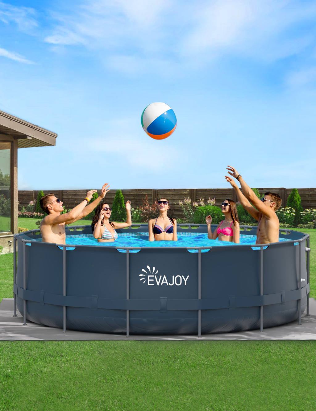 EVAJOY 16ft x 48in Metal Frame Swimming Pool Set, Round Above Ground Pool Set with 2000 GPH Sand Filter Pump, Pool Ladder, Ground Cloth, Pool Cover for Backyard, Garden