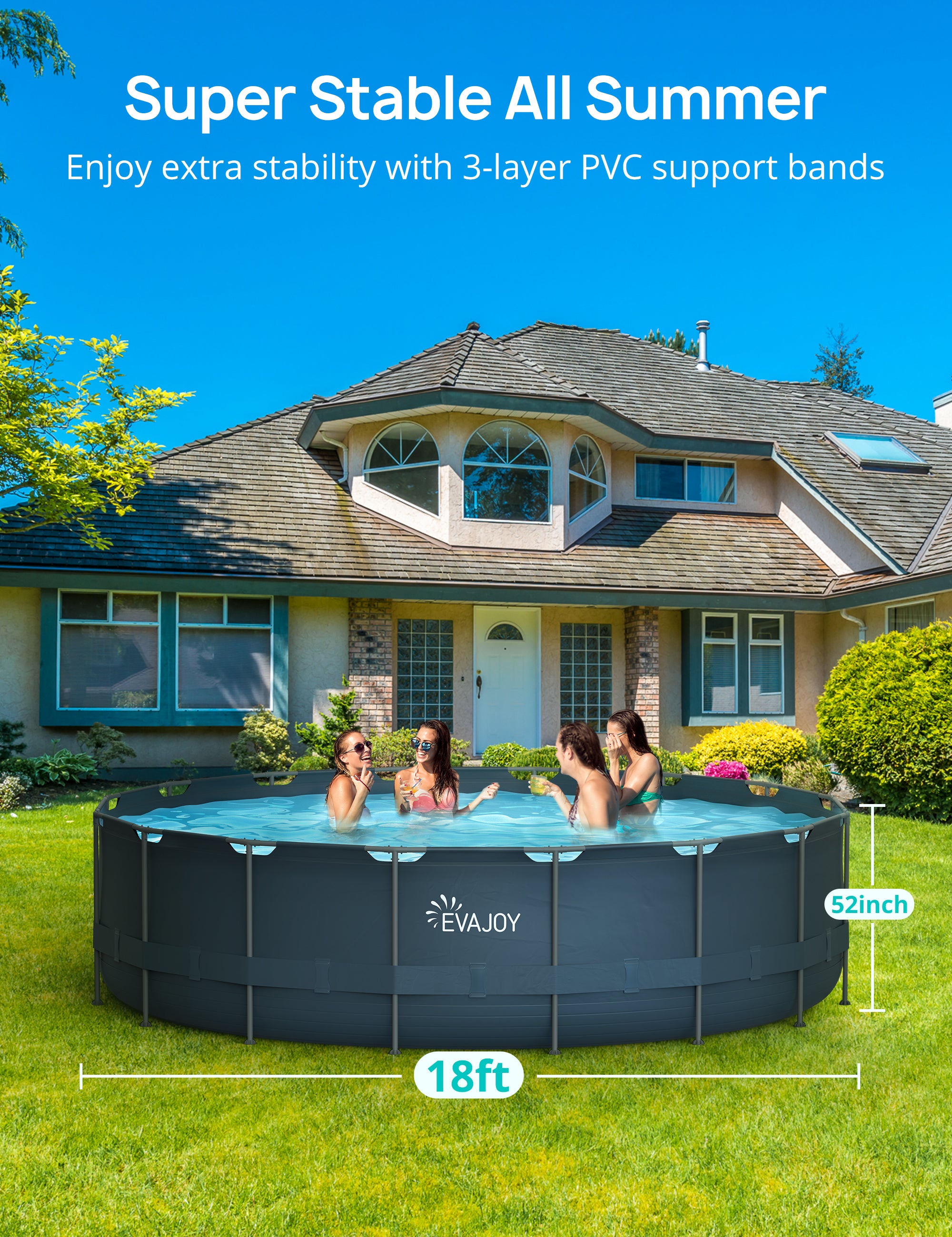 EVAJOY 18ft x 52in Metal Frame Swimming Pool Set, Round Above Ground Set with Cartridge Filter Pump, Filter Cartridge, Pool Ladder, Ground Cloth, Pool Cover for Backyard, Garden