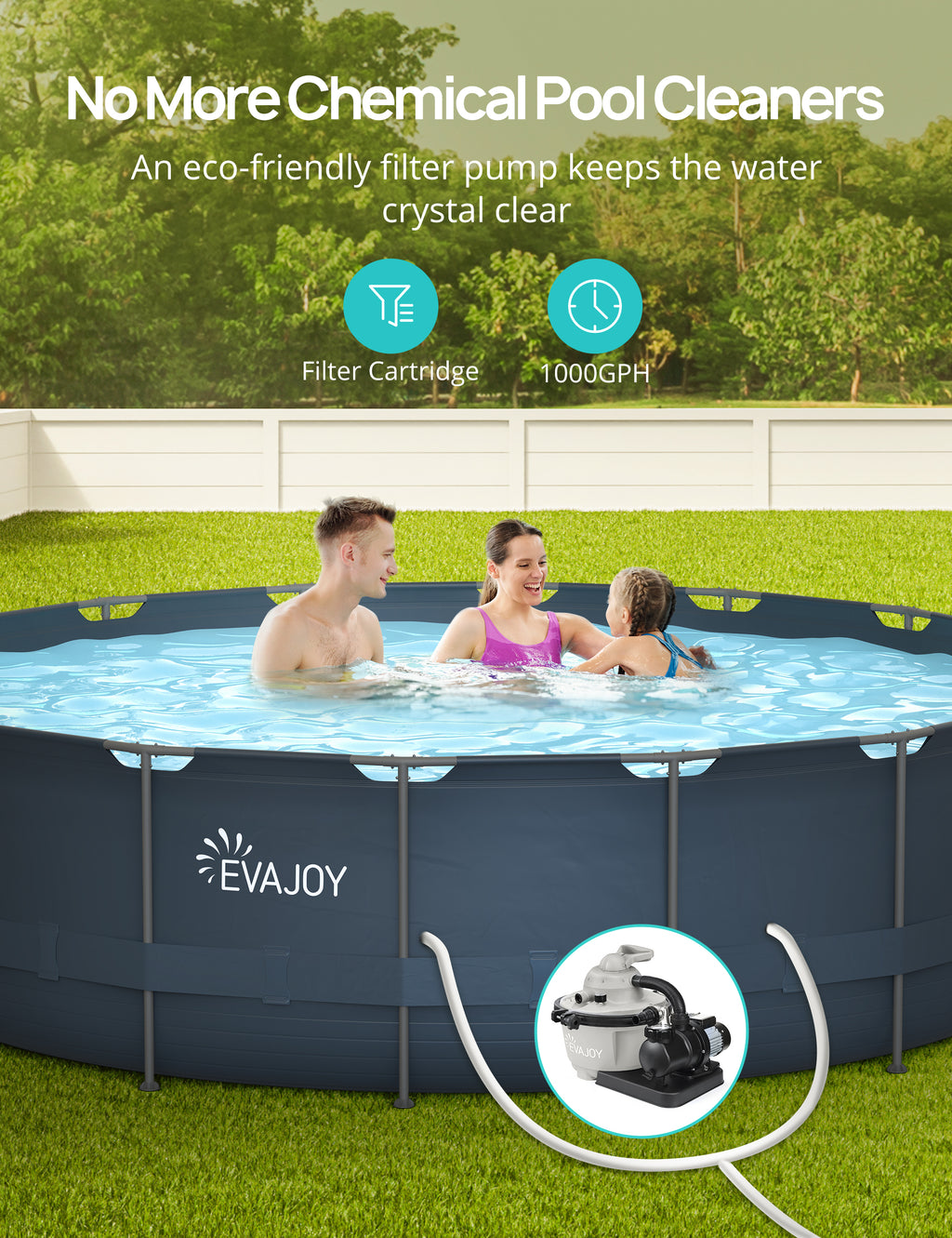 EVAJOY 18ft x 52in Metal Frame Swimming Pool Set, Round Above Ground Set with Cartridge Filter Pump, Filter Cartridge, Pool Ladder, Ground Cloth, Pool Cover for Backyard, Garden