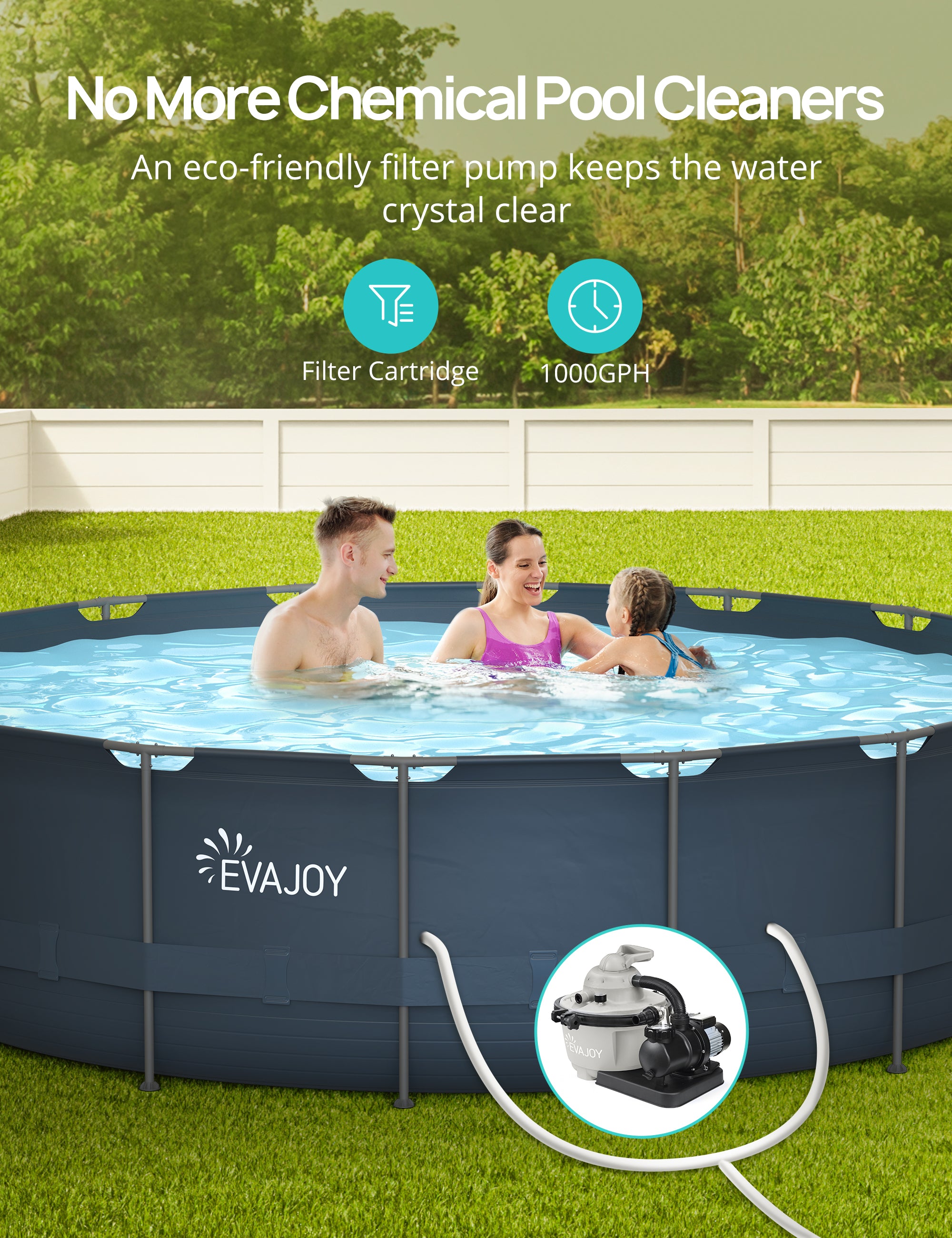 EVAJOY 18ft x 52in Metal Frame Swimming Pool Set, Round Above Ground Set with Cartridge Filter Pump, Filter Cartridge, Pool Ladder, Ground Cloth, Pool Cover for Backyard, Garden