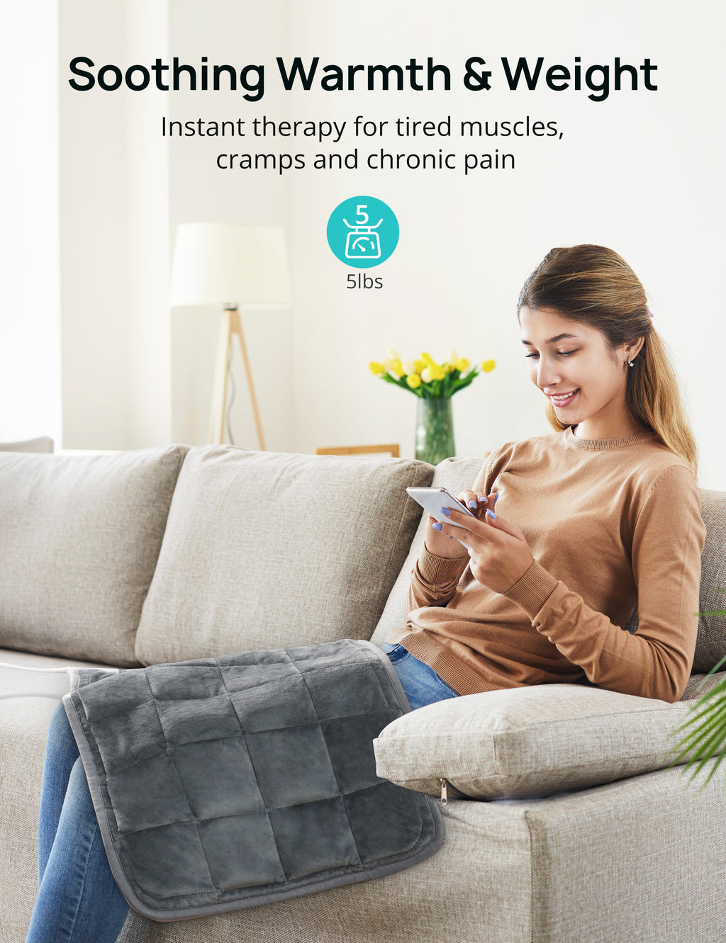 Weighted Heating Pad 17''x 33" XXXL Electric Heating Pad for Back Pain Relief, 5LBS with 6 Heat Settings 2H Auto-Off Heat Pad for Shoulder Arms Legs Cramps Washable EJ-BD013