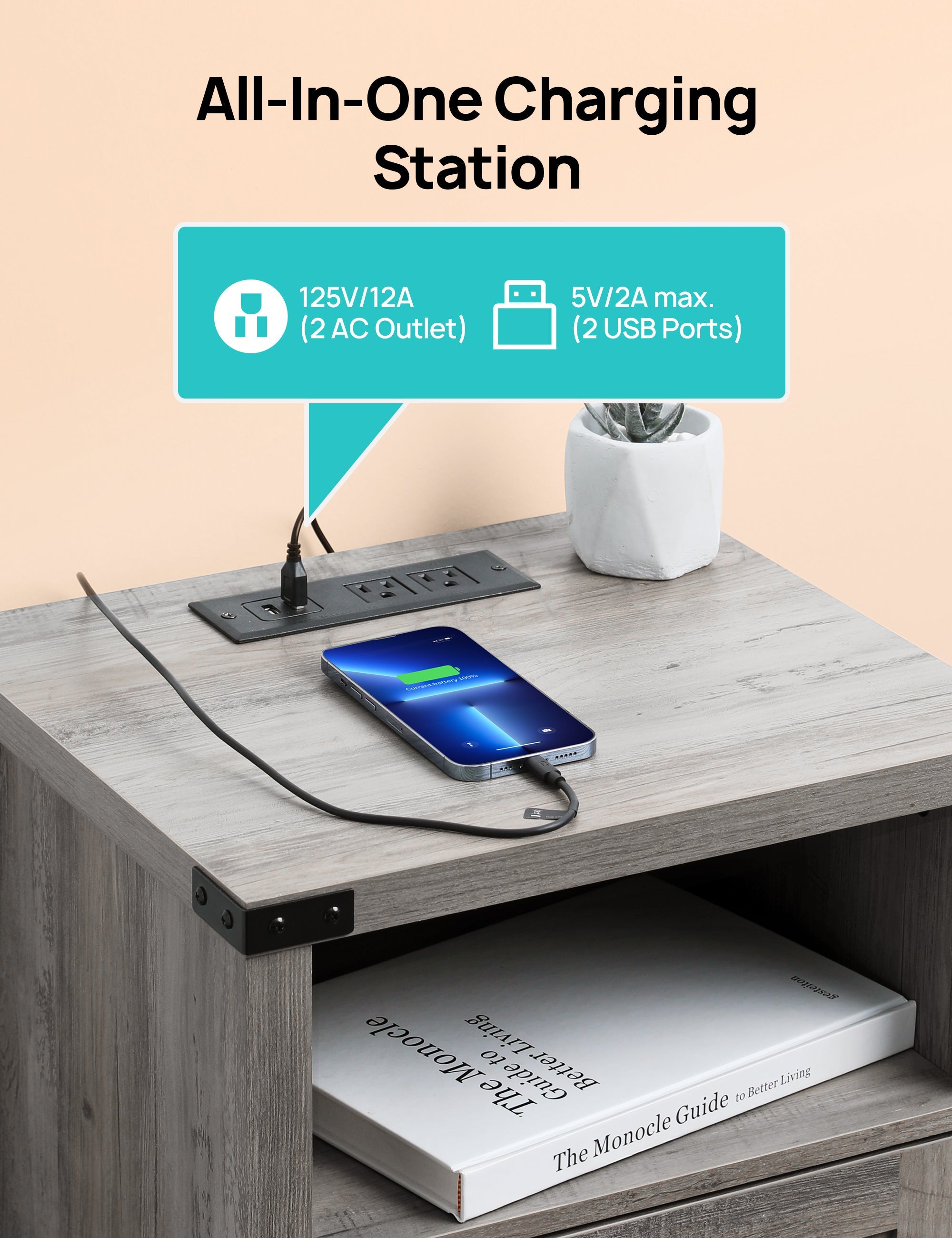 Evajoy BF001 End Table with Charging Station, Side Table with RGB Light Strip 2024