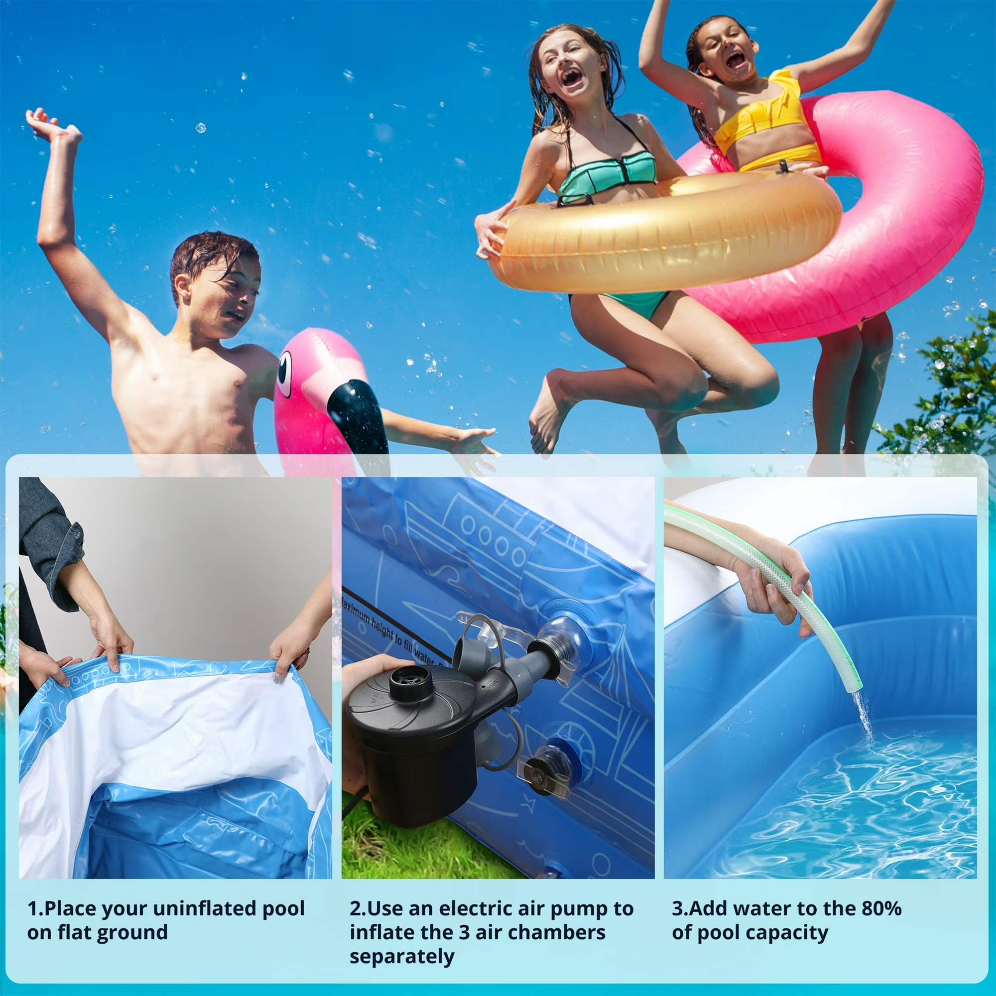 TaoTronics Inflatable Pool for Kids and Adults, 120" X 72" X 22" Oversized Thickened Family Swimming Pool for Toddlers, Outdoor, Garden, Backyard, Summer Water Party
