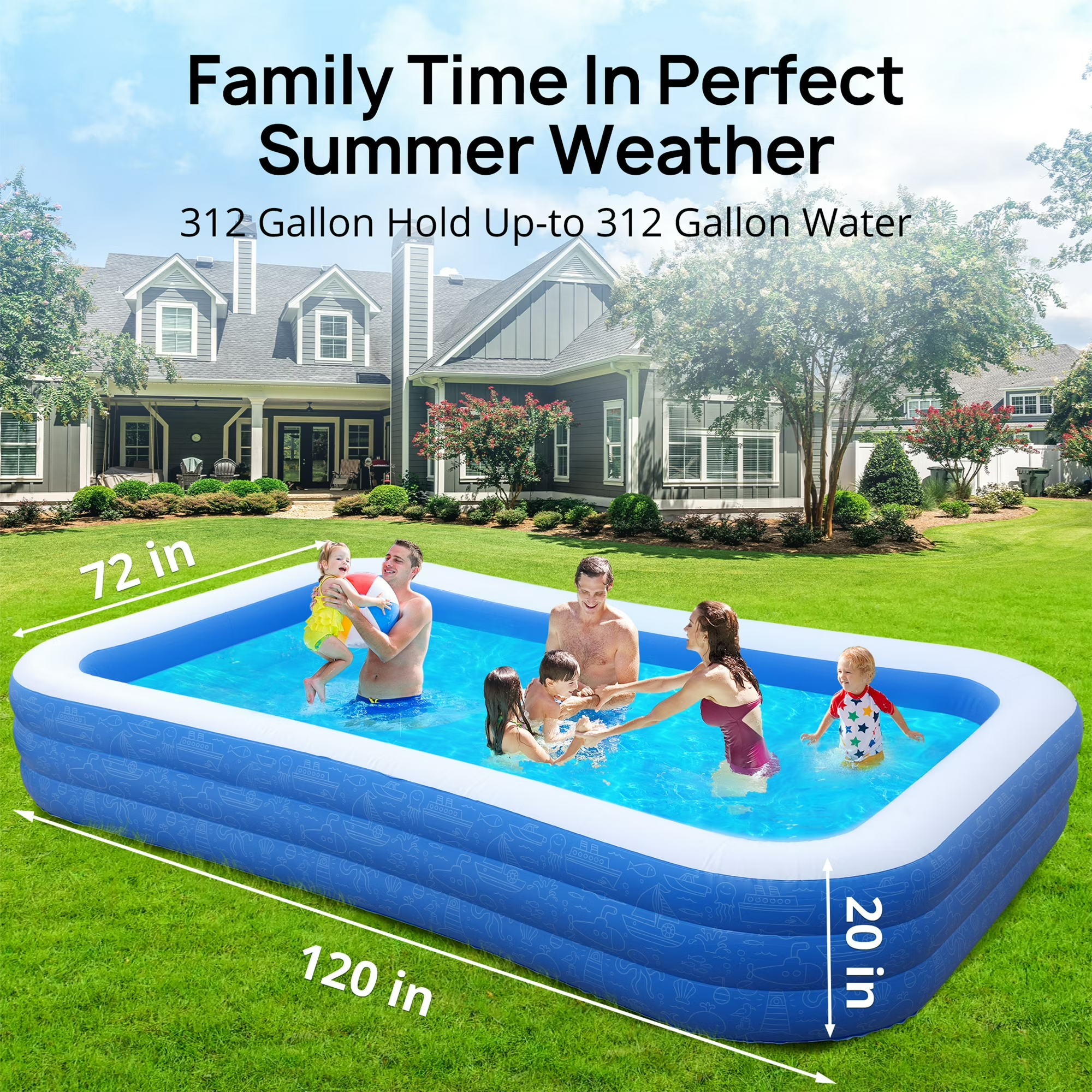 TaoTronics Inflatable Swimming Pools, 120'' x 72'' x 20'' Blow up Swimming Pools, Kiddie Pool Large Size Thickened Blow up Swimming Pools Play Center for Kids Children Family Outdoor Garden Backyard